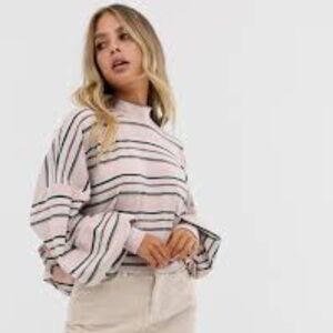 Free People Steph Striped Mock Neck Balloon Sleeve